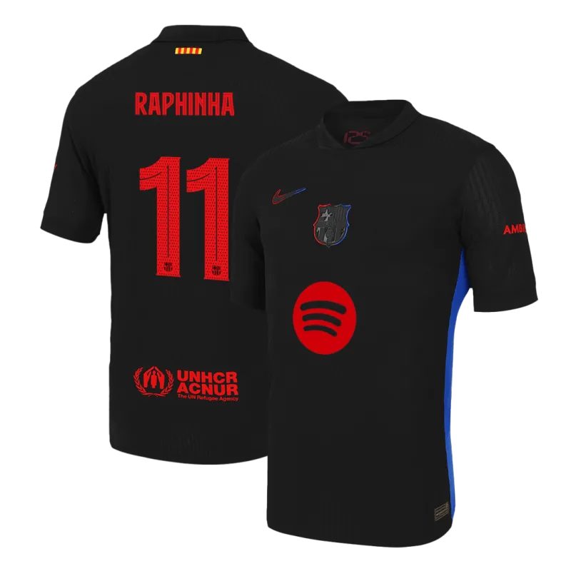 RAPHINHA #11 Barcelona Away Authentic Soccer Jersey 2024/25 – UCL (Spotify Logo Without Text)