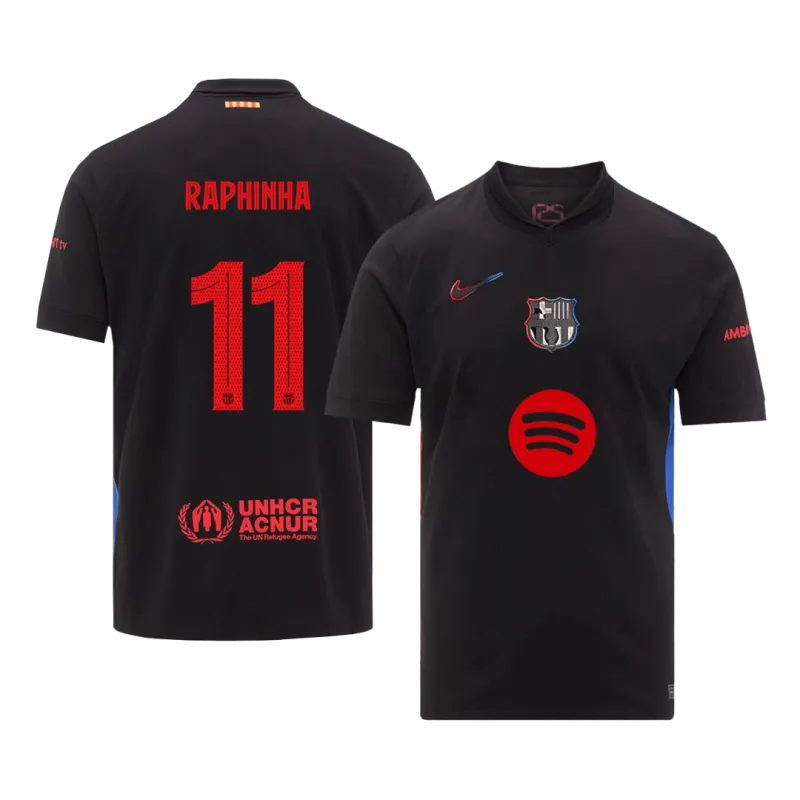 RAPHINHA #11 Barcelona Away Soccer Jersey 2024/25 – UCL (Spotify Logo Without Text)