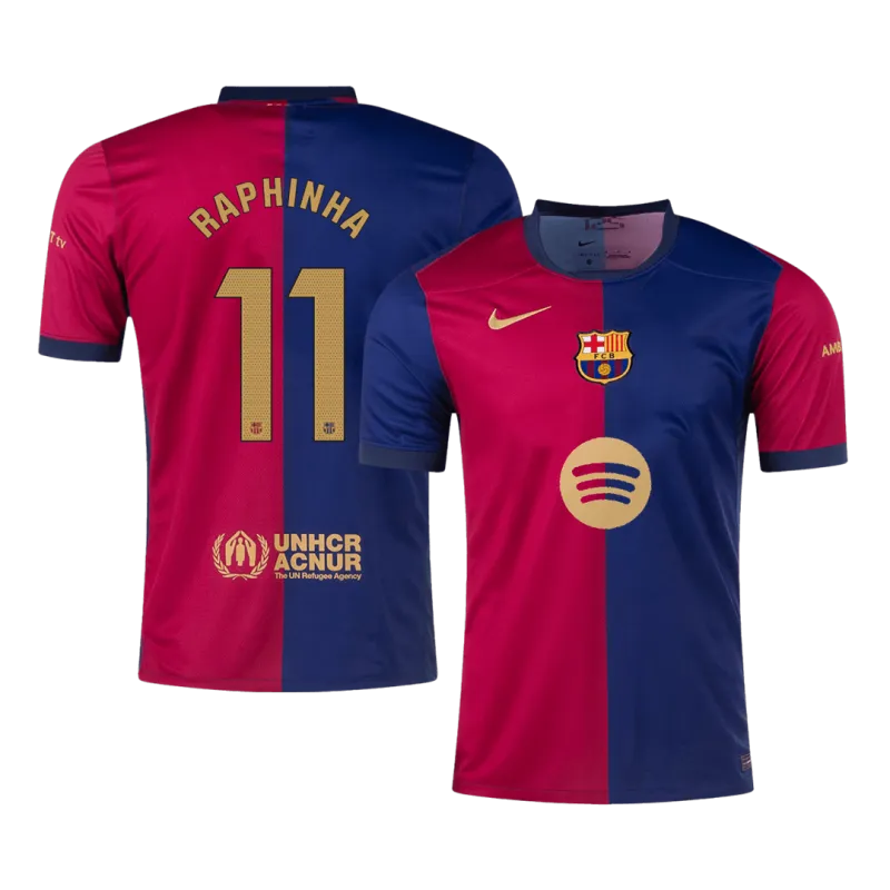 RAPHINHA #11 Barcelona Home Soccer Jersey 2024/25 – Spotify Logo Without Text