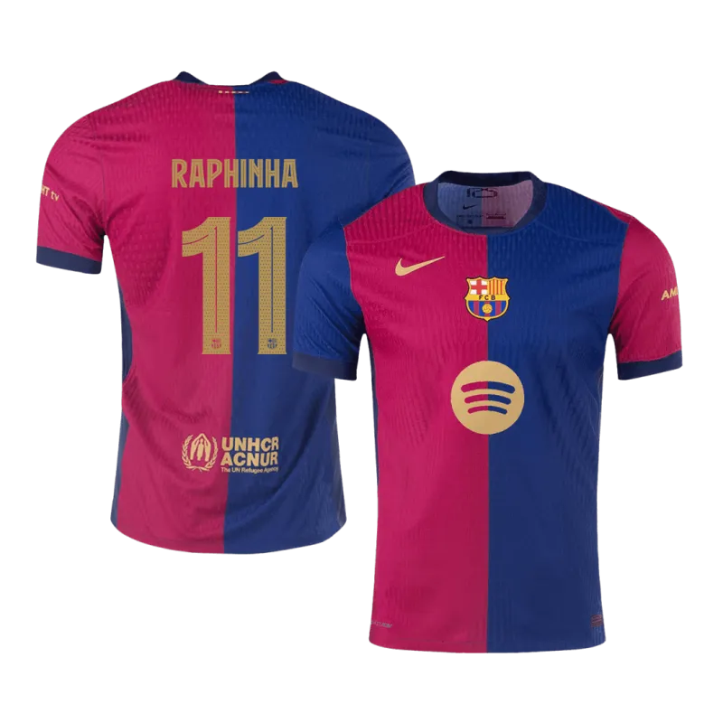 RAPHINHA #11 Barcelona Home Authentic Soccer Jersey 2024/25 – UCL(Spotify Logo Without Text)