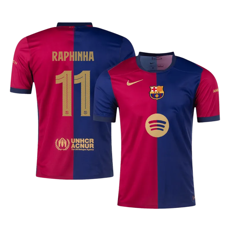 RAPHINHA #11 Barcelona Home Soccer Jersey 2024/25 – UCL(Spotify Logo Without Text)